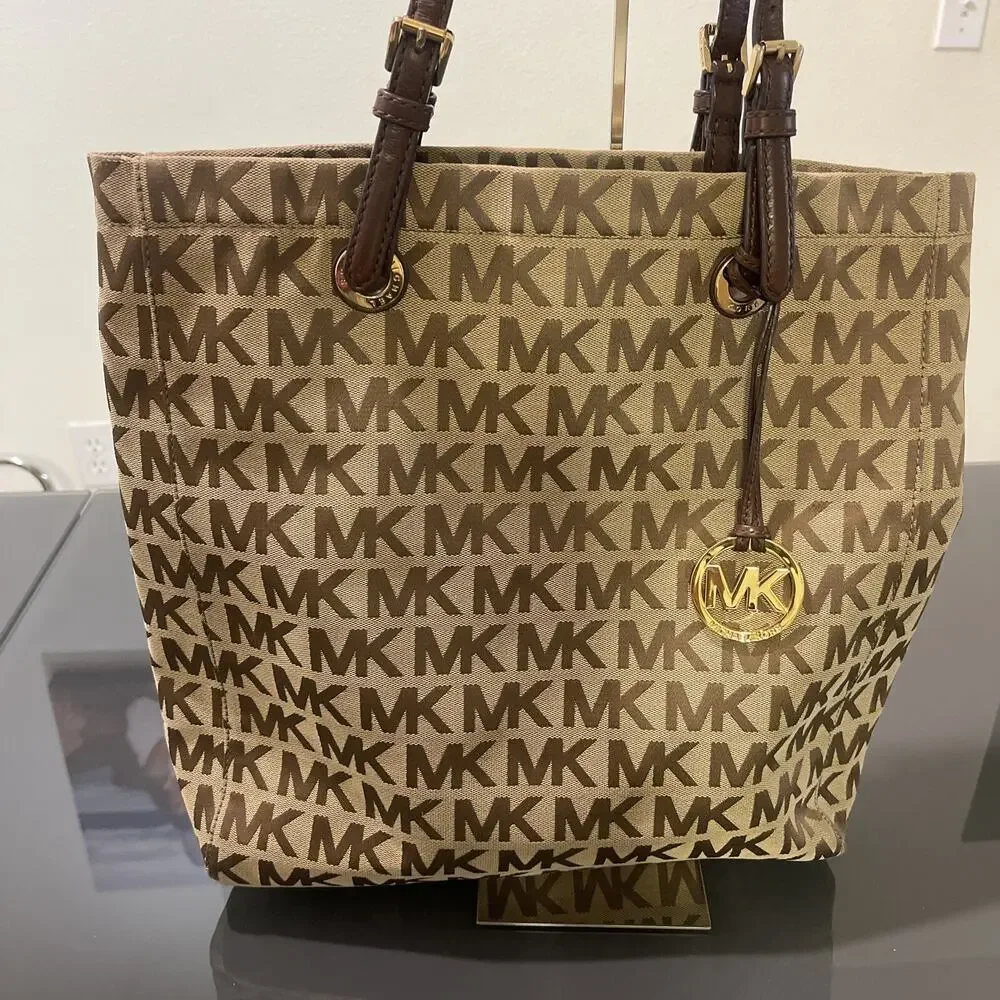 Michael Kors Jet Set MK Logo Brown Beige Canvas Tote Bag Purse
